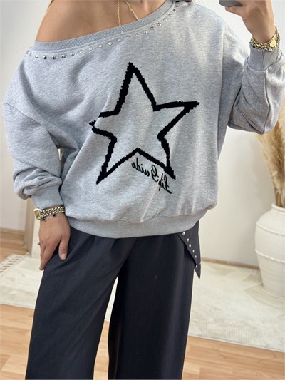 Yıldız Desenli Asimetrik Yaka Sweatshirt