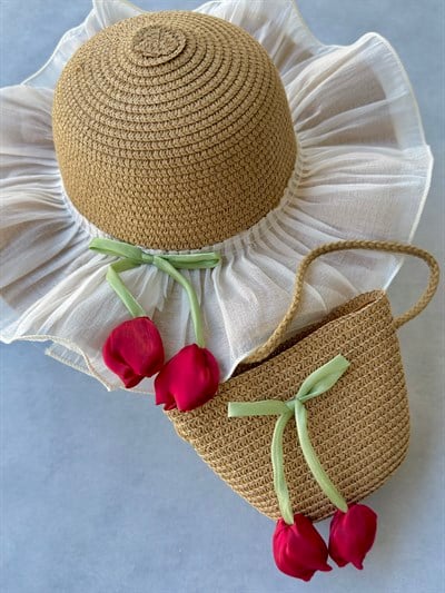 Lale Detaylı Hasır Şapka & Çanta Set