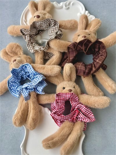 Peluş Tavşan Ekose Desenli Topuz Lastik