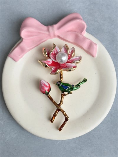 Kuş Detaylı Tomurcuk Çiçek Broş