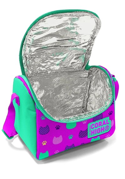 Coral High Pembe Su Yeşili Kedi Desenli Simli Thermal Beslenme Çantası
