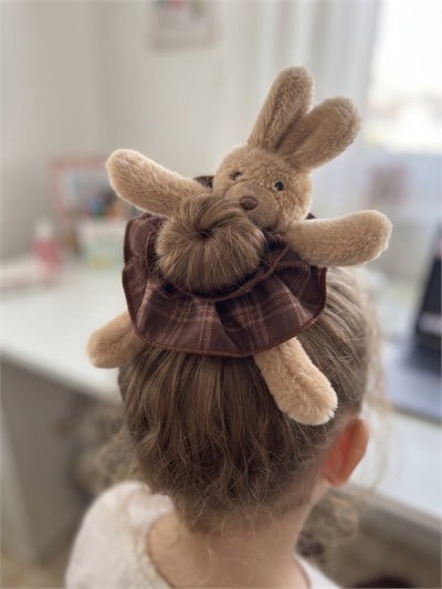 Peluş Tavşan Ekose Desenli Topuz Lastik