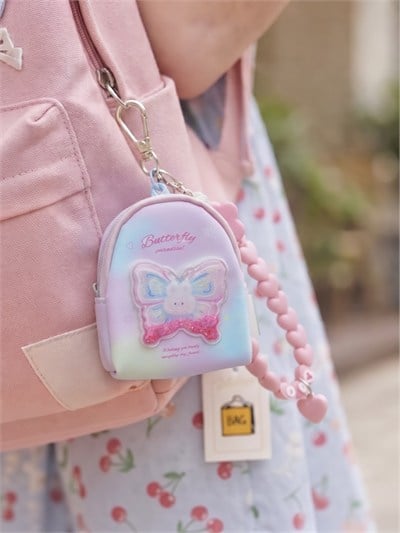 Pembe Simli Kelebek Detaylı Çanta Charm Cüzdan