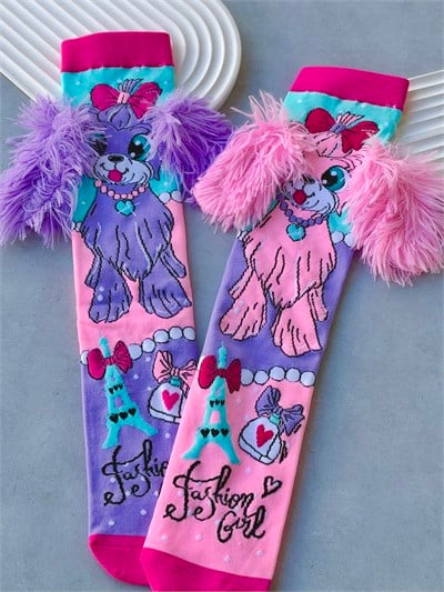 Tüylü Kulaklı Köpek  Pembe Mor 3 Boyutlu Uzun Çorap