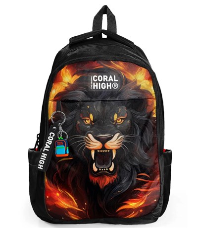 Coral High Kids Siyah Aslan Desenli Üç Bölmeli Okul Sırt Çantası