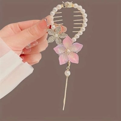 Pembe Taş Detaylı Metal Papatya Topuz Tokası
