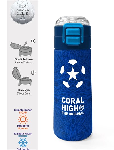 Coral High Futbol Desenli Lacivert Saks Pipetli ve Direk İçimli 500 ml Suluk