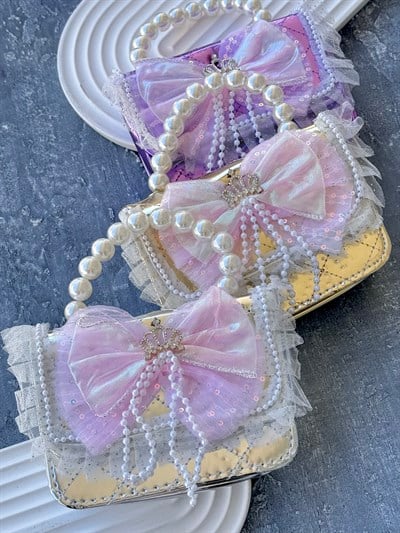 İnci Kulplu Parlak Dikdörtgen Çanta