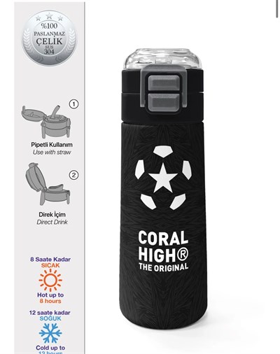 Coral High Siyah Futbol Desenli Pipetli ve Direk İçimli 500 ml Suluk