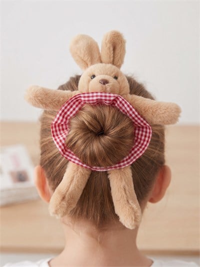 Peluş Tavşan Ekose Desenli Topuz Lastik