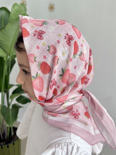 Pembe Çilek ve Kurdele Detaylı 80x80 Pamuk Çocuk Başörtüsü