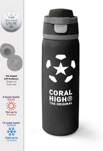 Coral High 800 ml Siyah Futbol Desenli Pipetli ve Direkt İçim Çelik Termos 