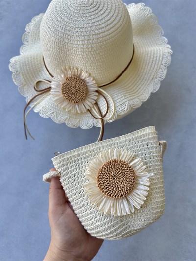 Hasır Çiçek Detaylı Şapka & Çanta Set