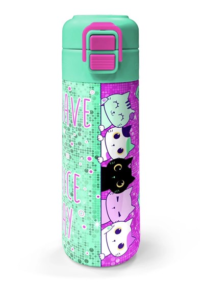 Coral High Kids Pembe Su Yeşili Kedi Desenli Pipetli ve Direkt İçim Çelik Termos 500 ml