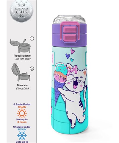 Coral High Kedi Desenli Pipetli ve Direk İçimli 500 ml Suluk