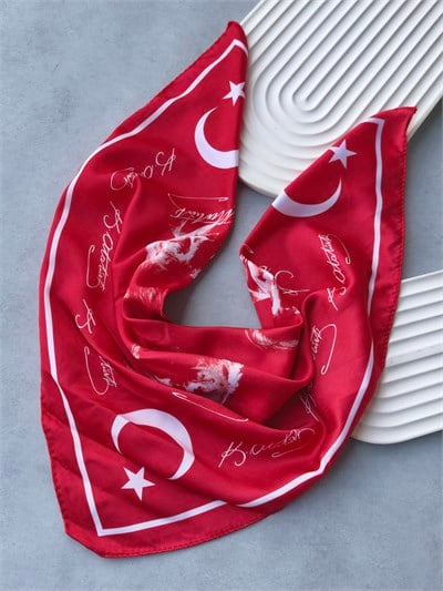 Atatürk Silüetli ve İmzalı Kırmızı 50x50 cm Saten Fular