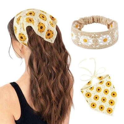 Papatya Desenli Bohem Örme Bandana