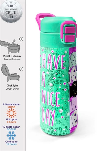 Coral High Kids Pembe Su Yeşili Kedi Desenli Pipetli ve Direkt İçim Çelik Termos 500 ml