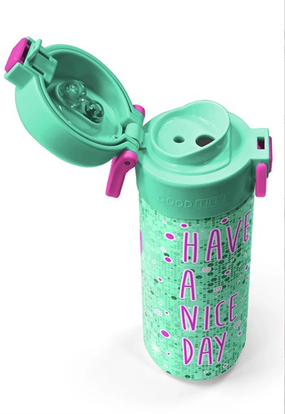 Coral High Kids Pembe Su Yeşili Kedi Desenli Pipetli ve Direkt İçim Çelik Termos 500 ml