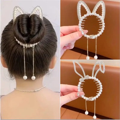 İnci Sarkıtlı Kedi Topuz Tokası