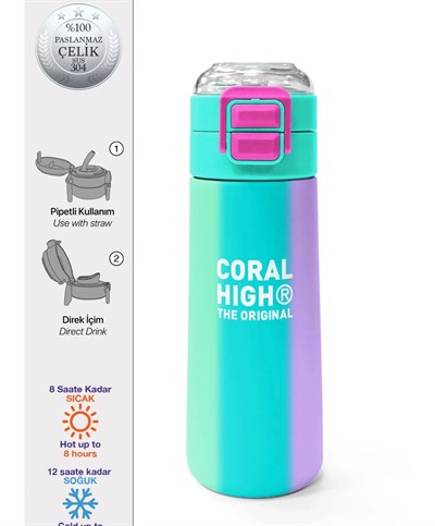 Coral High Soft Renkli Çizgili Pipetli ve Direkt İçim Çelik Suluk