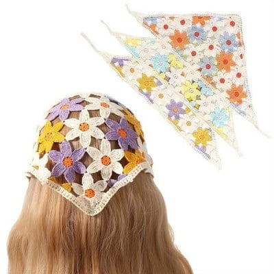 Papatya Desenli Örme Bohem Bandana