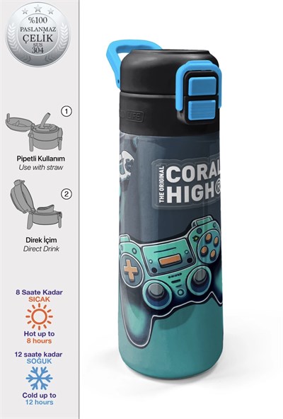 Coral High Kids  Gamer Desenli Çelik Termos Suluk 500 Ml