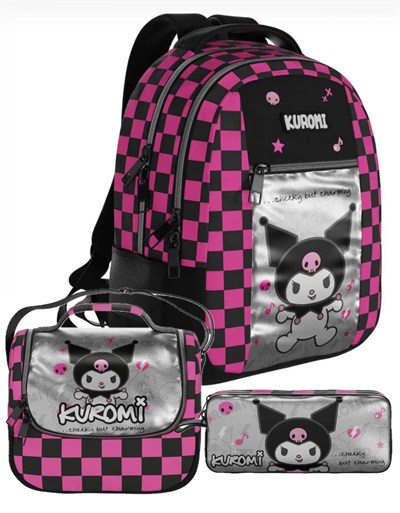 Lisanslı Kuromi Pembe Dama Desenli İlkokul & Ortaokul Çanta  Seti