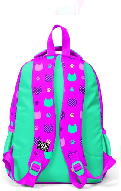 Coral High Pembe Su Yeşili Kedi Desenli Simli 3 Bölmeli Çanta