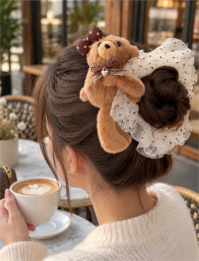 Peluş Teddy Puantiyeli Topuz Lastik Toka
