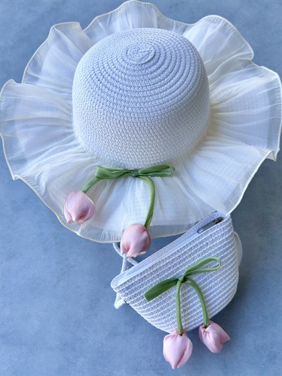 Lale Detaylı Hasır Şapka & Çanta Set