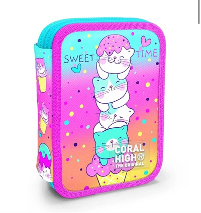 Coral High Dondurmalı Kedi Desenli Çift Kat Kalemlik