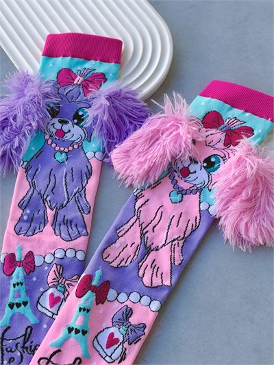 Tüylü Kulaklı Köpek  Pembe Mor 3 Boyutlu Uzun Çorap