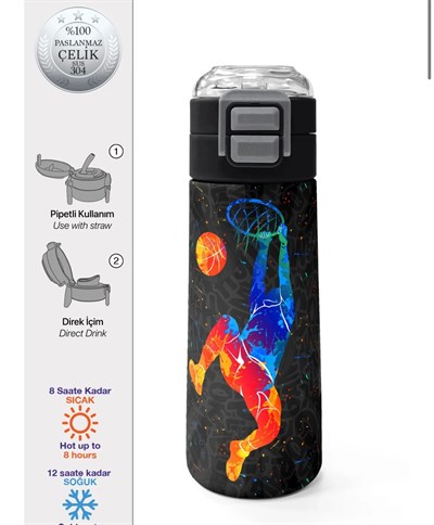 Coral High Basketbol Desenli Pipetli ve Direk İçimli 500 ml Suluk