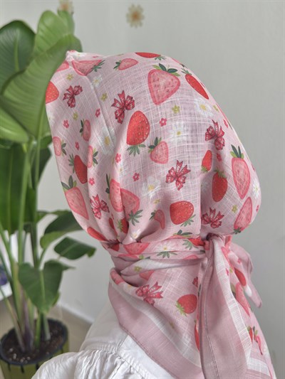 Pembe Çilek ve Kurdele Detaylı 80x80 Pamuk Çocuk Başörtüsü