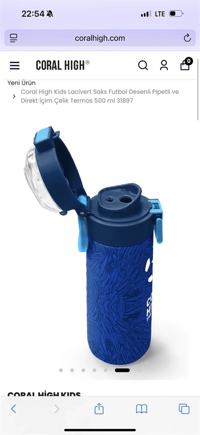 Coral High Futbol Desenli Lacivert Saks Pipetli ve Direk İçimli 500 ml Suluk