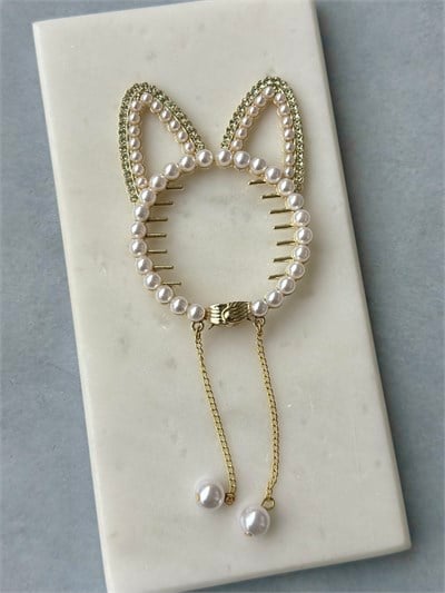 Kedi Kulaklı İnci Sallantılı Metal Topuz Tokası