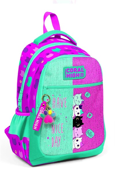 Coral High Pembe Su Yeşili Kedi Desenli Simli 3 Bölmeli Çanta