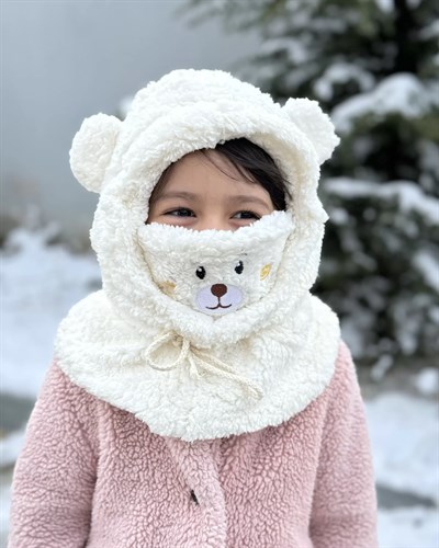 Krem Peluş Teddy Şapka & Atkı