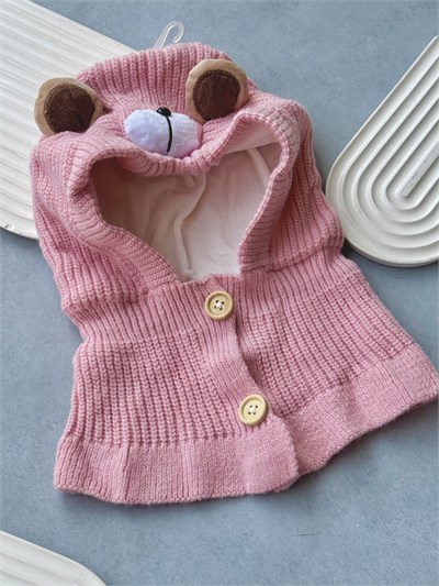 Pembe Ayıcık Düğme Detaylı Balaclava