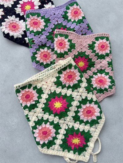 Çiçek Desenli Karışık Örme Bohem Bandana