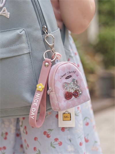Pembe Simli Kiraz Detaylı Çanta Charm Cüzdan