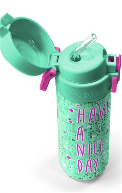 Coral High Kids Pembe Su Yeşili Kedi Desenli Pipetli ve Direkt İçim Çelik Termos 500 ml