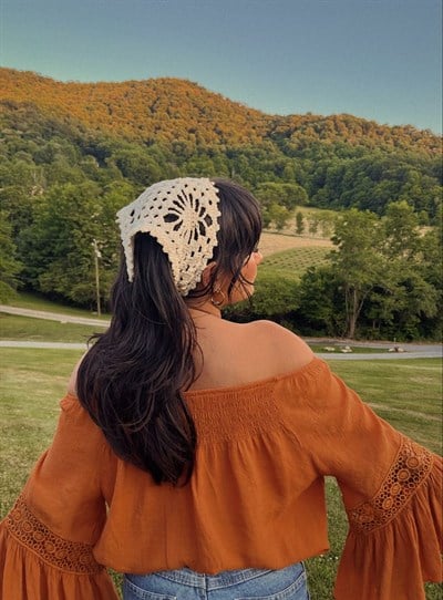 Krem Renk Sade Bohem Örme Bandana