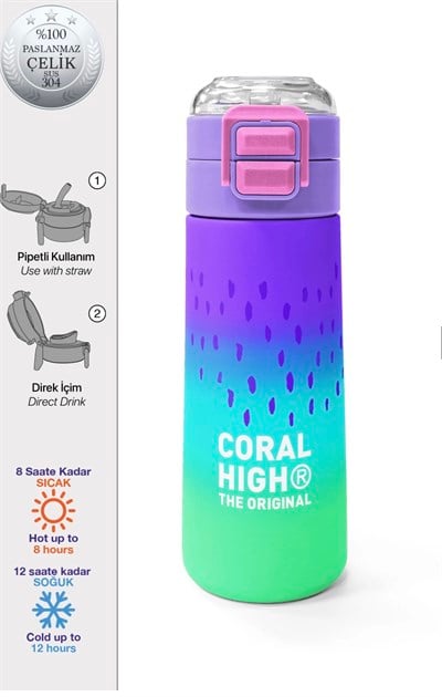 Coral High  Mor Lila Renk Geçişli Pipetli ve Direkt İçim Çelik Termos 500 ml