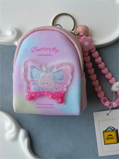 Pembe Simli Kelebek Detaylı Çanta Charm Cüzdan