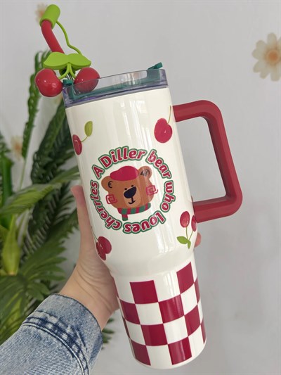 Diller Kiraz Detaylı Kahve Kupası & Bardak Termos 1200 Ml