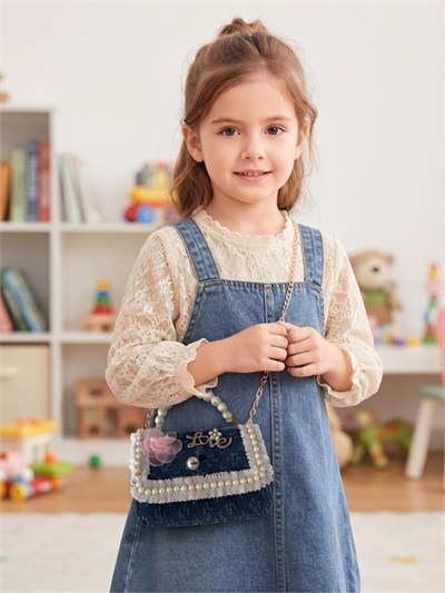 İnci Detaylı Kot Denim Çanta Pembe