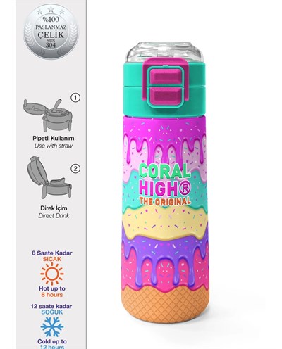 Coral High Dondurma Desenli Çelik Pipetli ve Direk İçimli 500 ml Suluk