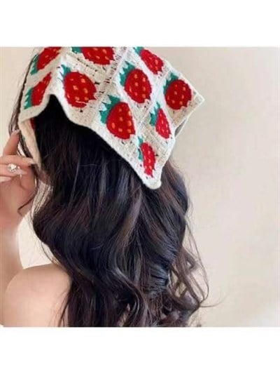 Çilek Desenli Örme Bohem Bandana